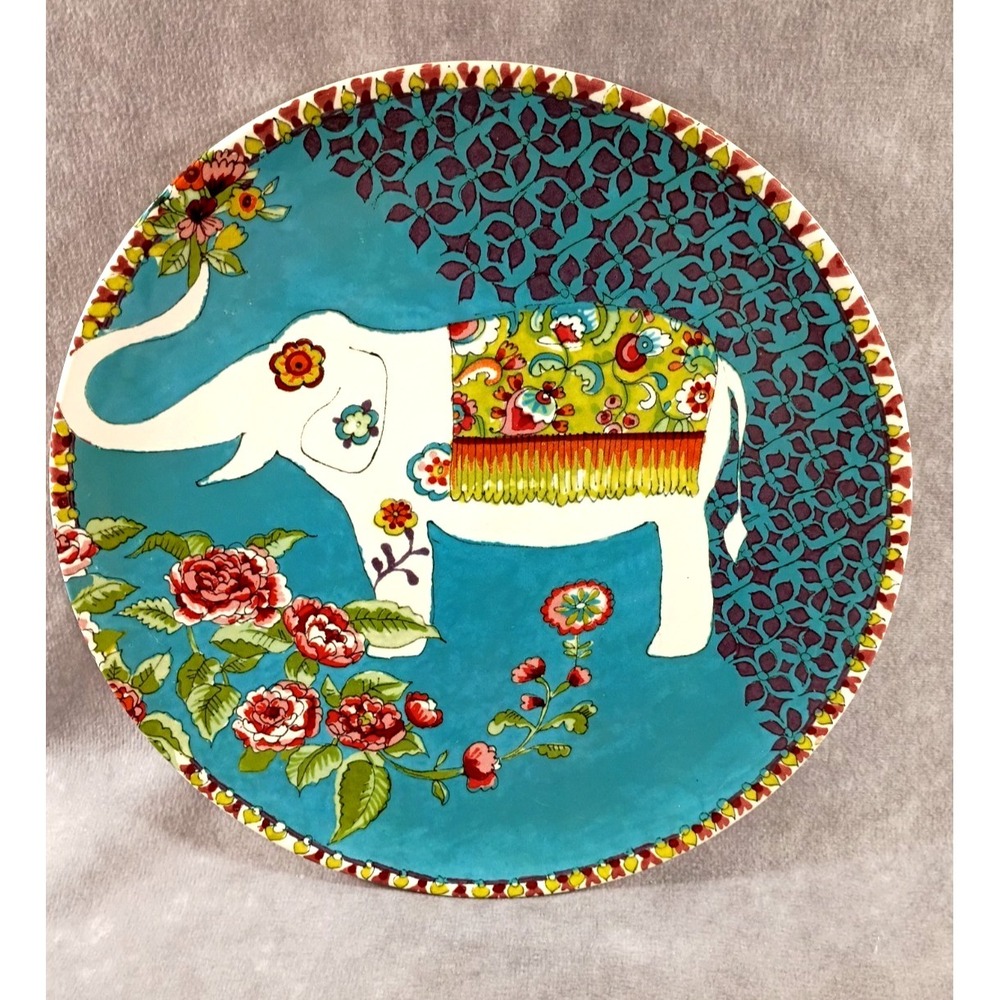 World Market Nomad Elephant Floral Print Ceramicโ Plate Retired Pattern 8.75"